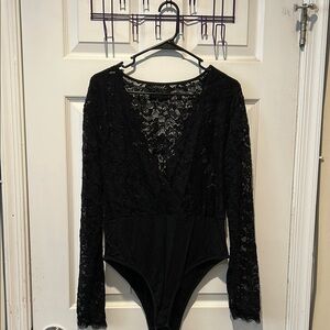 Elegant Black Lace Bodysuit. DEEP V